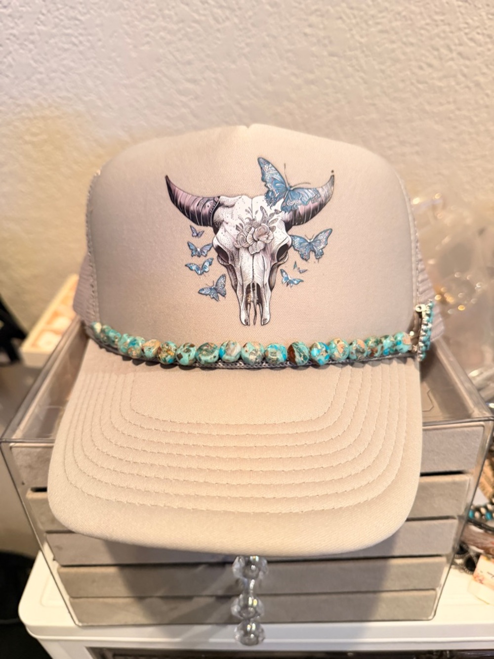 Khaki Trucker Hat with Turquoise Beaded Band and Skull Design